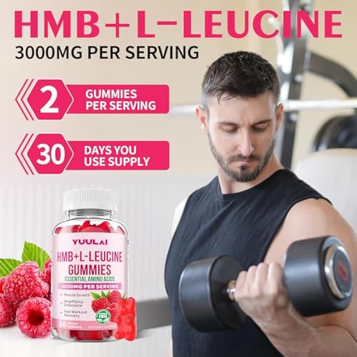 YUULAI Pack of 2 HMB and L-Leucine Gummies, 3000mg HMB and Leucine Amino Acid for Men Women, for Muscle Growth, Muscle Relief, and Fast Workout Recovery, Vegan, Raspberry Flavor, 120 Count - Image 3