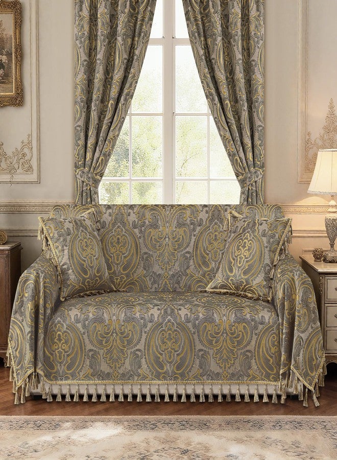 Loom and Mill Luxury Jacquard Sofa Covers, European Antique Couch Cover Sofa Throw Cover with Tassels for 2-3 Cushion Couch, Sectional Couch Covers Sofa Slipcover for Dogs, Taupe Gold, 71" X 118" - Image 2