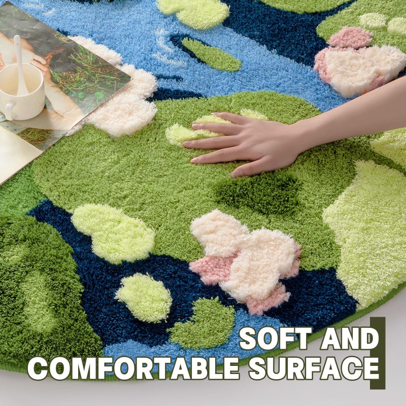 YIHOUSE 4ft Moss Round Area Rug 3D Cute Green Grass Rugs for Bedroom Machine Washable Non-Slip Boho Circle Rug Soft Fluffy Carpet for Living Room Bathroom Shower, Pond - Image 5