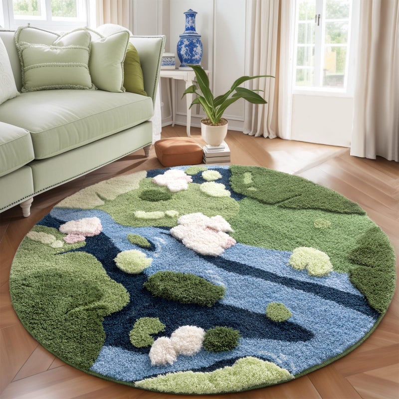 YIHOUSE 4ft Moss Round Area Rug 3D Cute Green Grass Rugs for Bedroom Machine Washable Non-Slip Boho Circle Rug Soft Fluffy Carpet for Living Room Bathroom Shower, Pond - Image 1