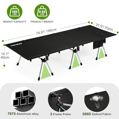 AOPEC 75 Camping Cot Heavy Duty 350lbs Capacity Adjustable Height with Leg Extenders Lightweight Aluminum Frame Portable Folding Bed for CampingTravel Beach Office Nap - Image 3