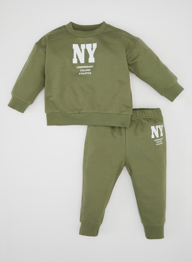 DeFacto Printed Crew Neck Sweatshirt Jogger Pants 2-Piece Set - Image 1