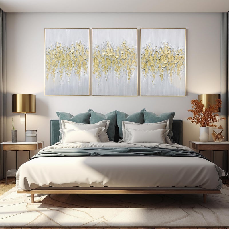 Zessonic Abstract Wall Art For Living-room: Framed Glam Gold Hand-Painting Canvas Art for Bedroom Decor Glitter Abstract Artwork for Modern, Contemporary Decor, (Set of 3, 24 x 36 Inches for Each) - Image 3