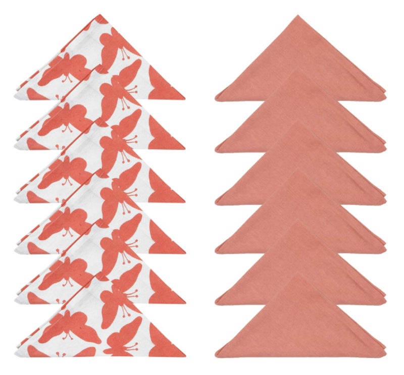 Dekor World Cotton Coral Butterfly Printed and Solid Napkin Set (Pack of 12) - Image 1