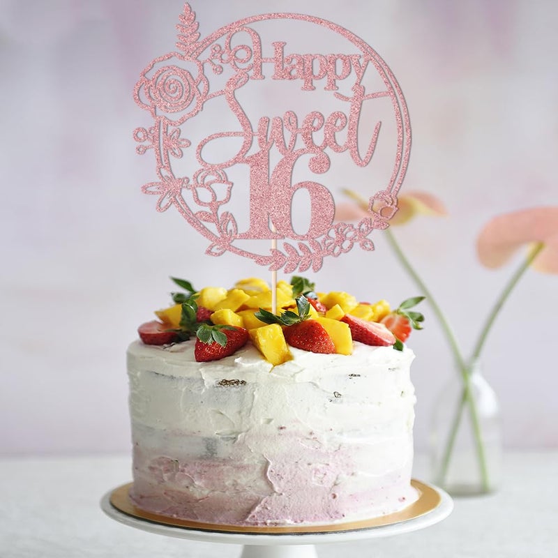 LVEUD Rose Gold Glitter Happy Sweet 16 Cake Topper - Happy 16th Birthday Cake Decor - Hello 16  Cheers to 16 Years Birthday Party Decoration Supplies (rose gold) - Image 5