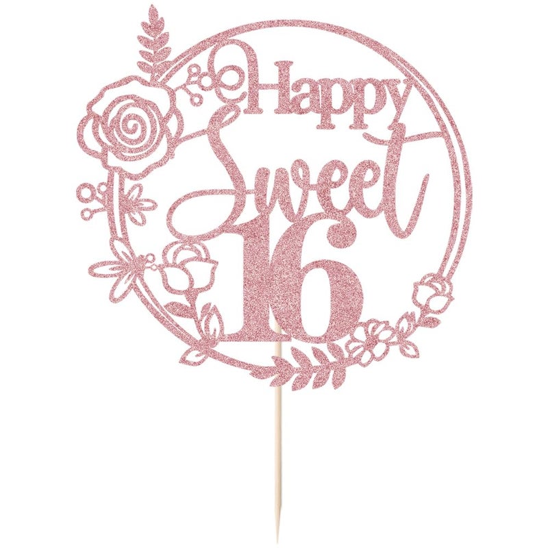 LVEUD Rose Gold Glitter Happy Sweet 16 Cake Topper - Happy 16th Birthday Cake Decor - Hello 16  Cheers to 16 Years Birthday Party Decoration Supplies (rose gold) - Image 2