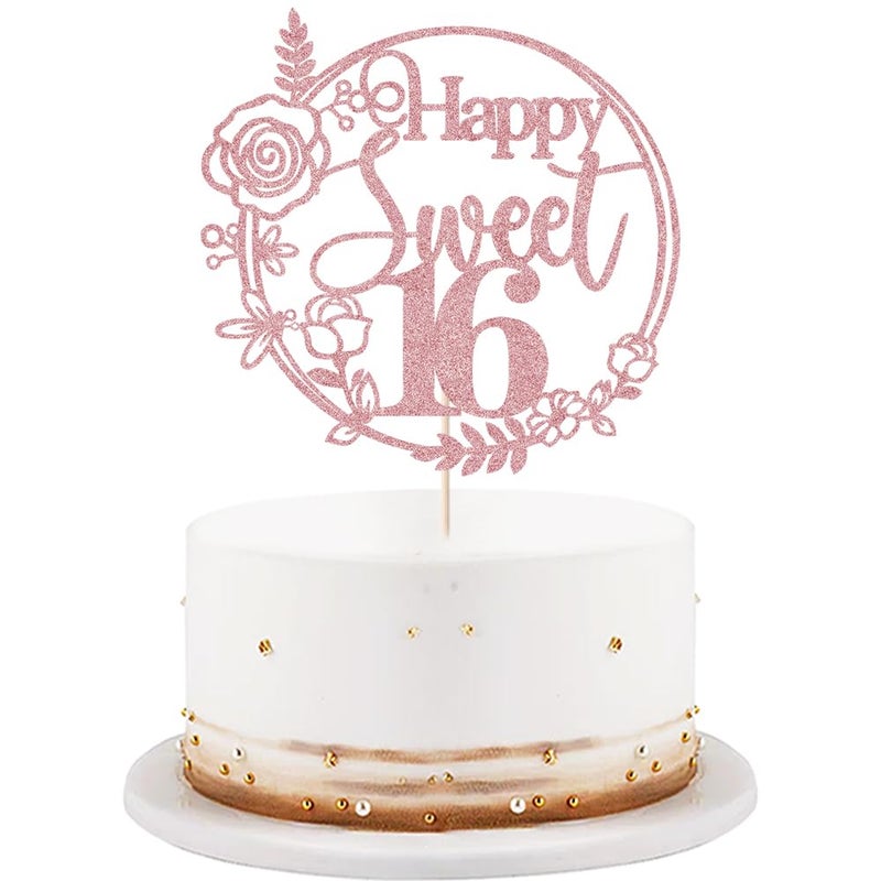 LVEUD Rose Gold Glitter Happy Sweet 16 Cake Topper - Happy 16th Birthday Cake Decor - Hello 16  Cheers to 16 Years Birthday Party Decoration Supplies (rose gold) - Image 1