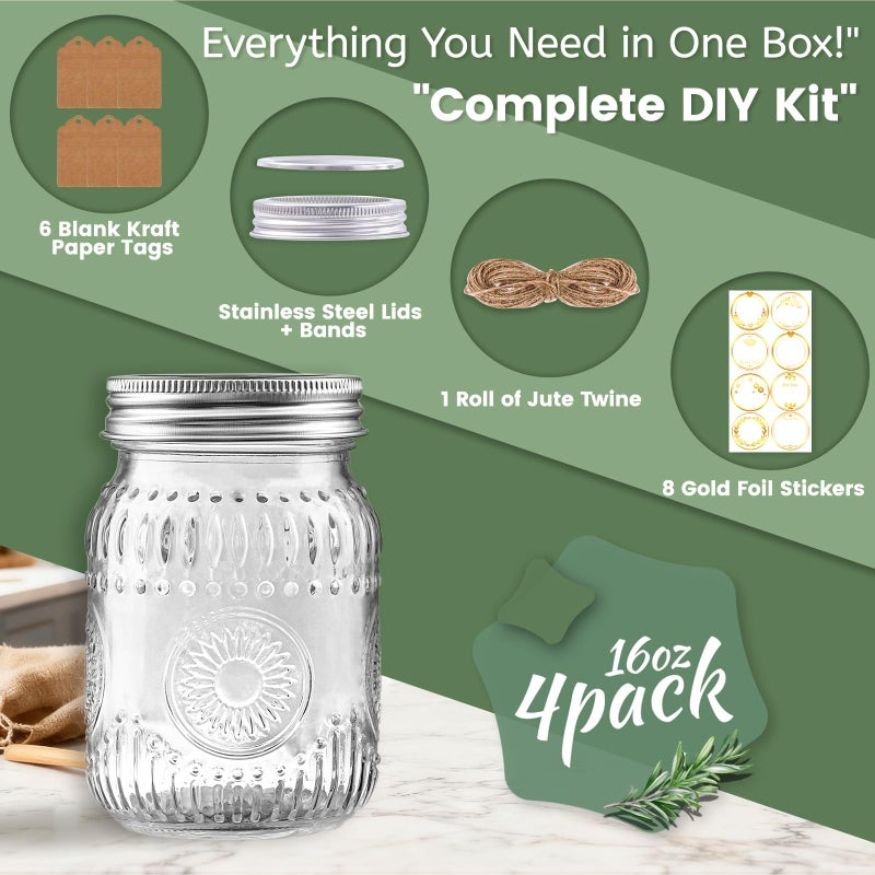 StarSide 16oz Mason Jars with Airtight Rust-Proof 304 Stainless Steel Lids and Bands, 4 Pack with Elegant Sunflower Embossing, Pint Glass Jars for Meal Prep, Pickling, Overnight Oats, Dry Food & DIY Crafts - Image 4