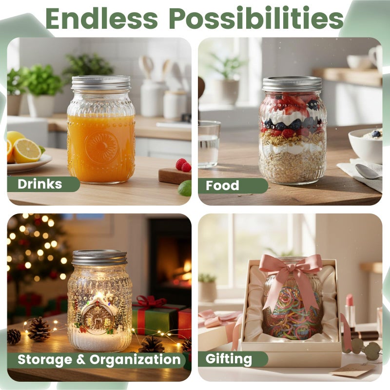 StarSide 16oz Mason Jars with Airtight Rust-Proof 304 Stainless Steel Lids and Bands, 4 Pack with Elegant Sunflower Embossing, Pint Glass Jars for Meal Prep, Pickling, Overnight Oats, Dry Food & DIY Crafts - Image 5