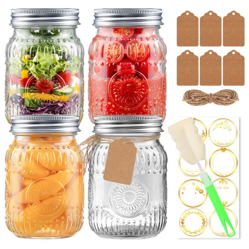 StarSide 16oz Mason Jars with Airtight Rust-Proof 304 Stainless Steel Lids and Bands, 4 Pack with Elegant Sunflower Embossing, Pint Glass Jars for Meal Prep, Pickling, Overnight Oats, Dry Food & DIY Crafts - Image 1