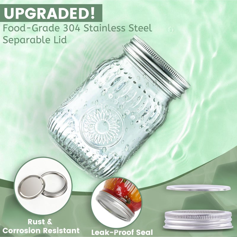 StarSide 16oz Mason Jars with Airtight Rust-Proof 304 Stainless Steel Lids and Bands, 4 Pack with Elegant Sunflower Embossing, Pint Glass Jars for Meal Prep, Pickling, Overnight Oats, Dry Food & DIY Crafts - Image 3