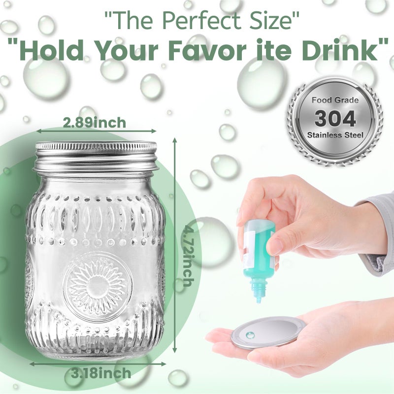 StarSide 16oz Mason Jars with Airtight Rust-Proof 304 Stainless Steel Lids and Bands, 4 Pack with Elegant Sunflower Embossing, Pint Glass Jars for Meal Prep, Pickling, Overnight Oats, Dry Food & DIY Crafts - Image 2