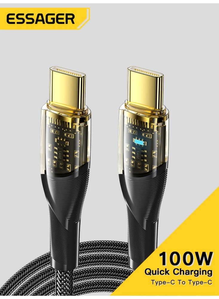 ESSAGER USB C to USB C Cable 100W, 1M PD Fast Charging Cord with E-MARK Chip, Braided Transparent Type C Charger Cable, 480Mbps Data Transfer, Durable Charging Wire for Laptops, Tablets & Phones - Image 1