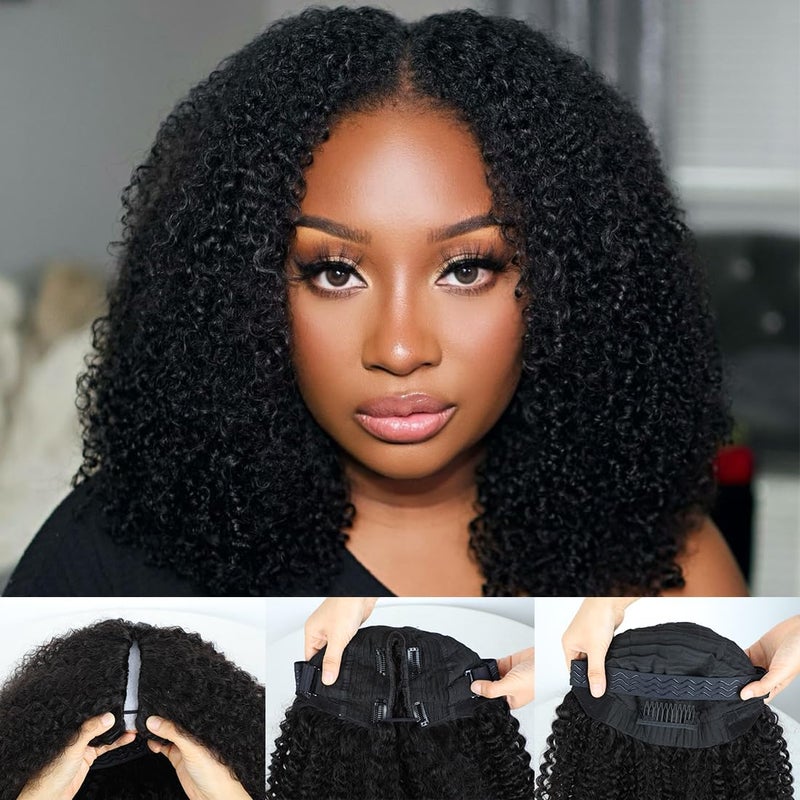 Domiso New Super V Part Human Hair Wig Afro Kinky Curly V Part Wig No Glue No Sew Clip in Half Wig PreMinimum Leave Out Elastic Band and Removable Clips fo Secure 200 Density Beginner Wig 18 Inch