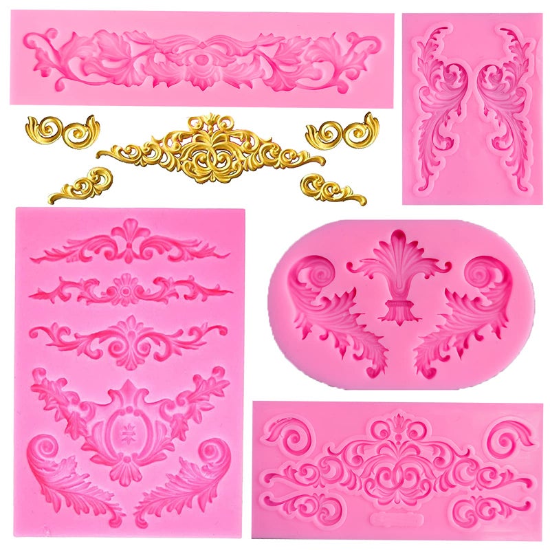 Rainmae Rainmae 5 Pcs Baroque Style Curlicues Scroll Lace Fondant Silicone Mold Relief Flower Lace Mould Filigree Mold 3D Sculpted Decoration Cupcake Topper Jewelry Polymer Clay Crafting Projects 