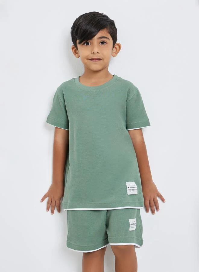 Styli Styli Boys Green Cotton Knit T-Shirt and Shorts Set