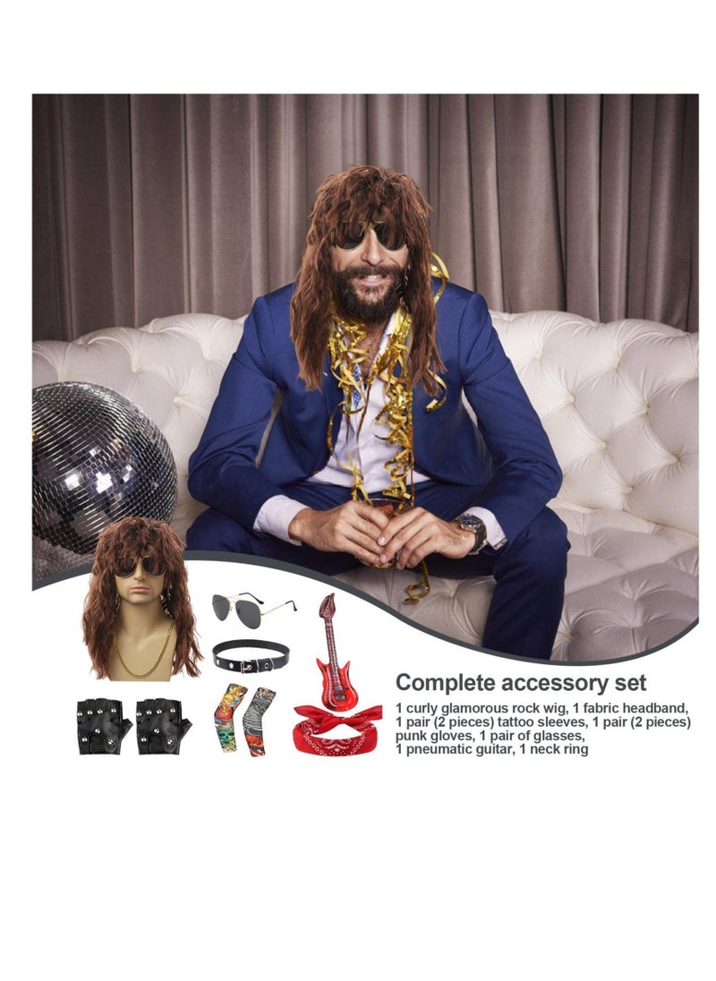 80s Rocker Costume For Men, Hippie Wig Rocker Fancy Dress Accessories, 9 Pcs 70s 80s Hippie Wig With Bandana Sunglasses Gloves Sleeves Guitar Props, For Punk Party Accessories - Image 2