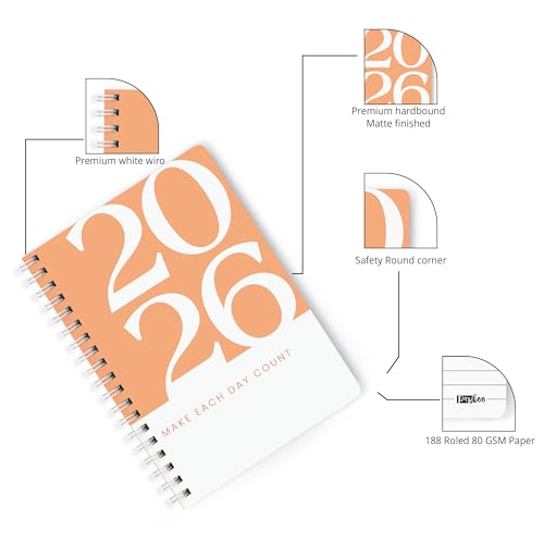 PAPBOO A5 Handy, Hardcover, Hardbound 2026 Diary with Calendar, Easy to Carry White Spiral Wiro Notebook: 80 GSM Paper, Ruled, 188 Pages, Journal, Diary, Gift (Orange) - Image 3