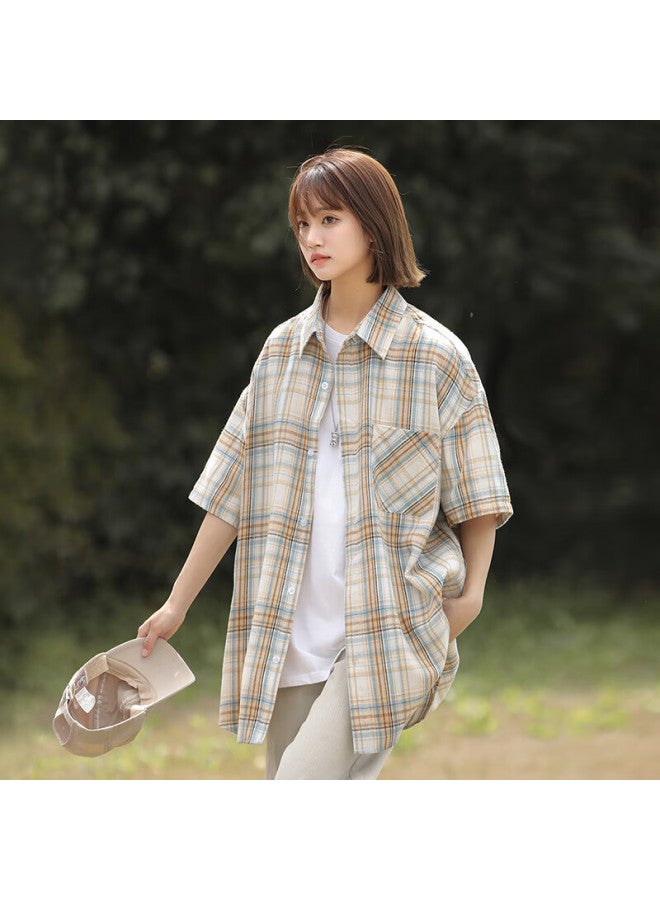 Swamp Area American-style Plaid Short-sleeve Shirt For Men And Women, Summer Trendy Versatile High-end Casual Shirt Cs326 Yellow Plaid 2XL - Image 2