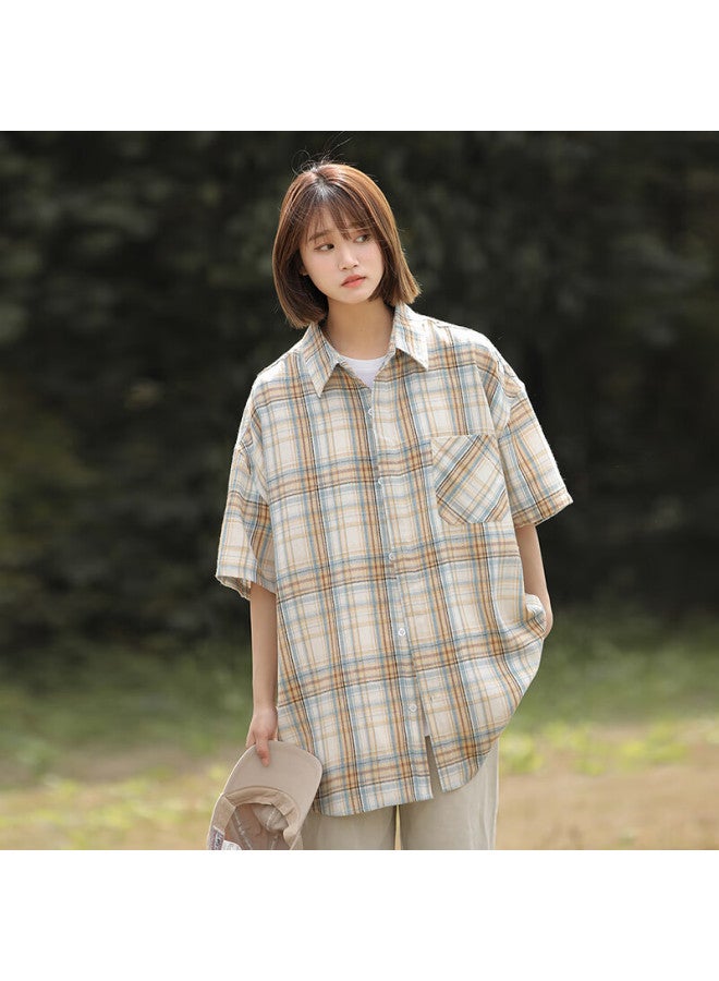 Swamp Area American-style Plaid Short-sleeve Shirt For Men And Women, Summer Trendy Versatile High-end Casual Shirt Cs326 Yellow Plaid 2XL - Image 4