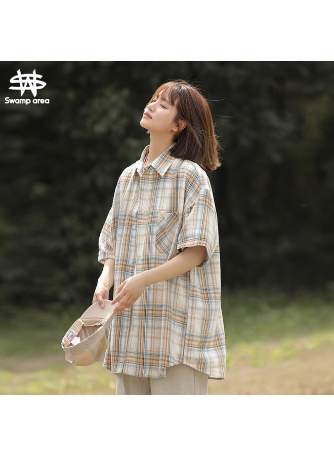 Swamp Area American-style Plaid Short-sleeve Shirt For Men And Women, Summer Trendy Versatile High-end Casual Shirt Cs326 Yellow Plaid 2XL - Image 1