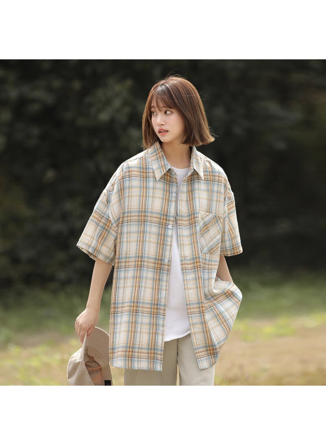 Swamp Area American-style Plaid Short-sleeve Shirt For Men And Women, Summer Trendy Versatile High-end Casual Shirt Cs326 Yellow Plaid 2XL - Image 5
