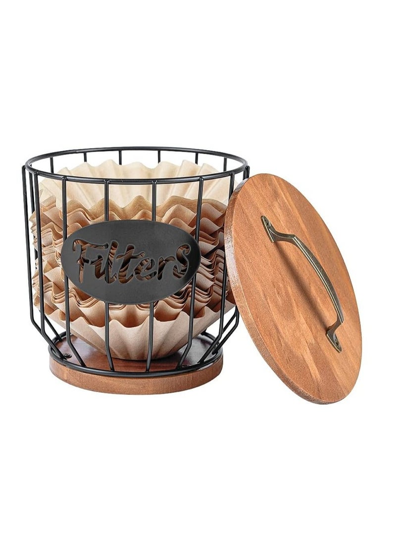 MIXDE Rustic Round Coffee Filter Dispenser Holder Storage Container Basket Container with Lid for Counter Bar Accessories Decor  - Image 1