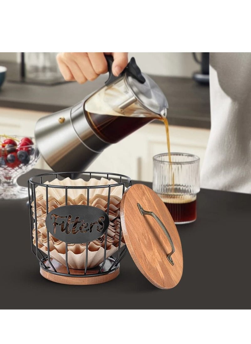 MIXDE Rustic Round Coffee Filter Dispenser Holder Storage Container Basket Container with Lid for Counter Bar Accessories Decor  - Image 2
