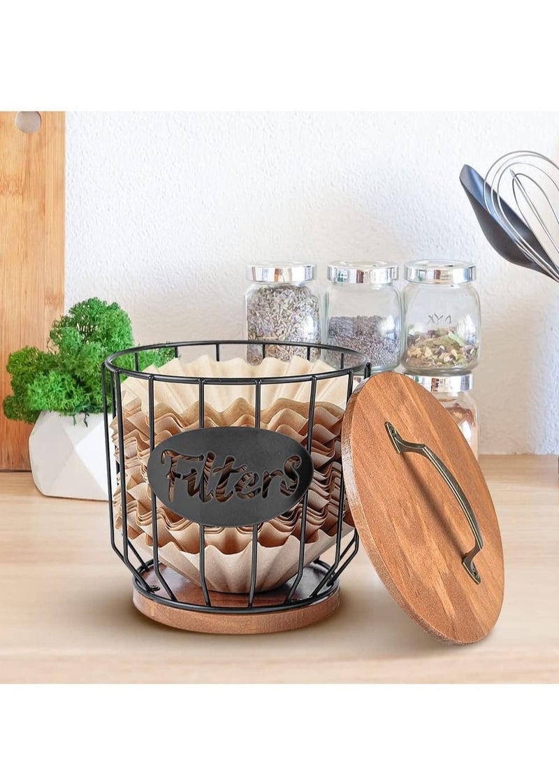MIXDE Rustic Round Coffee Filter Dispenser Holder Storage Container Basket Container with Lid for Counter Bar Accessories Decor  - Image 4