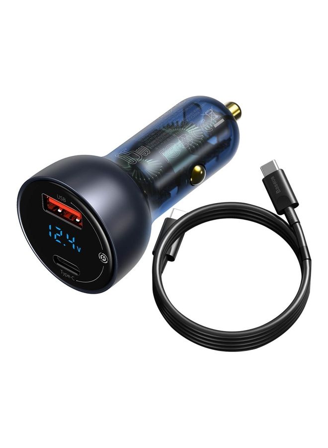 بيسوس شاحن سيارة بمنفذي USB A + C بقدرة 65 وات وتيار سعة 5 أمبير يدعم بروتوكول الشحن السريع +SCP 4.0 وتقنية باور ديلفري 3.0 وبشاشة LCD مع كابل Type-C بطول متر لون أسود - Image 1