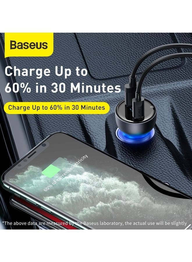 بيسوس شاحن سيارة بمنفذي USB A + C بقدرة 65 وات وتيار سعة 5 أمبير يدعم بروتوكول الشحن السريع +SCP 4.0 وتقنية باور ديلفري 3.0 وبشاشة LCD مع كابل Type-C بطول متر لون أسود - Image 3