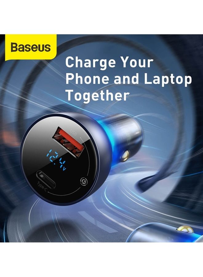 بيسوس شاحن سيارة بمنفذي USB A + C بقدرة 65 وات وتيار سعة 5 أمبير يدعم بروتوكول الشحن السريع +SCP 4.0 وتقنية باور ديلفري 3.0 وبشاشة LCD مع كابل Type-C بطول متر لون أسود - Image 2