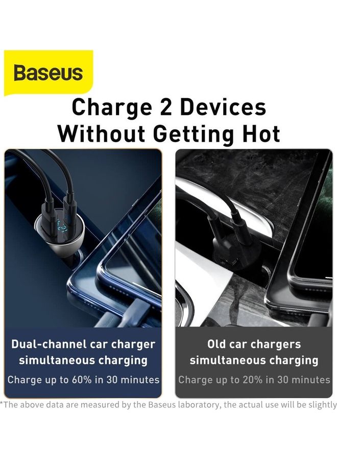 بيسوس شاحن سيارة بمنفذي USB A + C بقدرة 65 وات وتيار سعة 5 أمبير يدعم بروتوكول الشحن السريع +SCP 4.0 وتقنية باور ديلفري 3.0 وبشاشة LCD مع كابل Type-C بطول متر لون أسود - Image 5