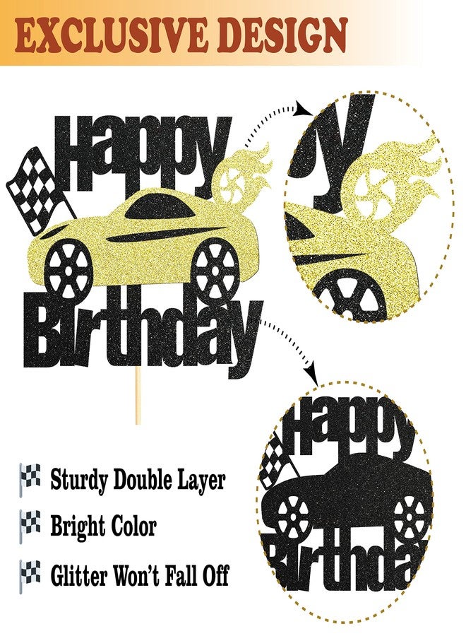 Sotpot 1PC Race Car Birthday Cake Topper Black Gold Glitter Flag Wheel Cake Pick for Racing Theme Baby Shower Boys Girls Birthday Party Cake Decorations - Image 2