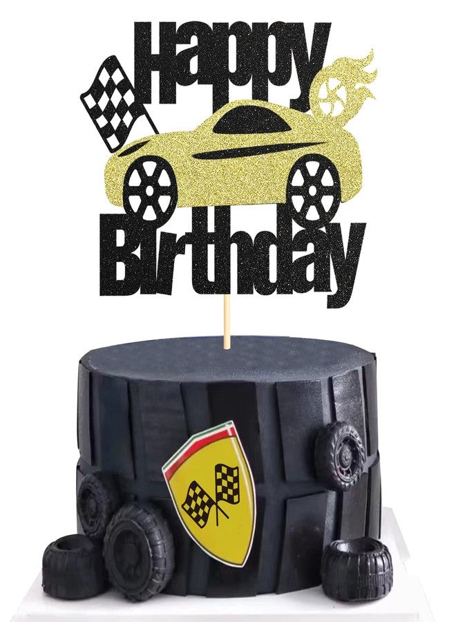 Sotpot 1PC Race Car Birthday Cake Topper Black Gold Glitter Flag Wheel Cake Pick for Racing Theme Baby Shower Boys Girls Birthday Party Cake Decorations - Image 1