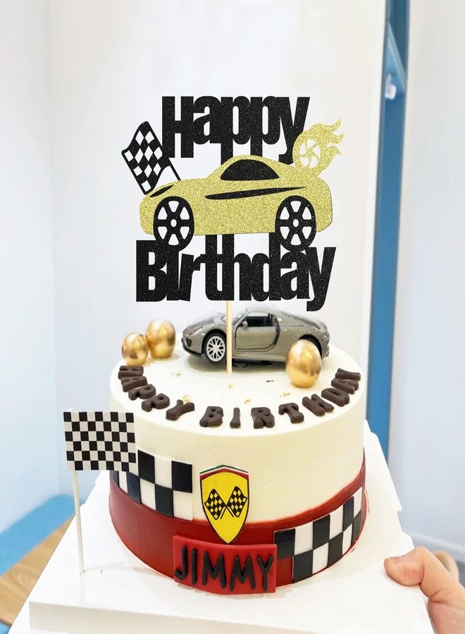 Sotpot 1PC Race Car Birthday Cake Topper Black Gold Glitter Flag Wheel Cake Pick for Racing Theme Baby Shower Boys Girls Birthday Party Cake Decorations - Image 5