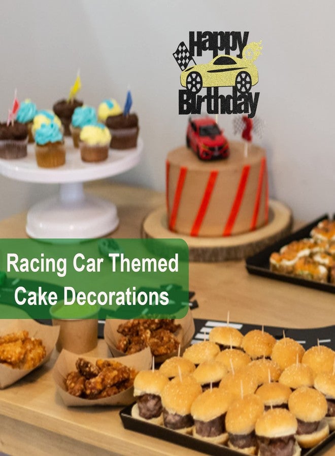 Sotpot 1PC Race Car Birthday Cake Topper Black Gold Glitter Flag Wheel Cake Pick for Racing Theme Baby Shower Boys Girls Birthday Party Cake Decorations - Image 4