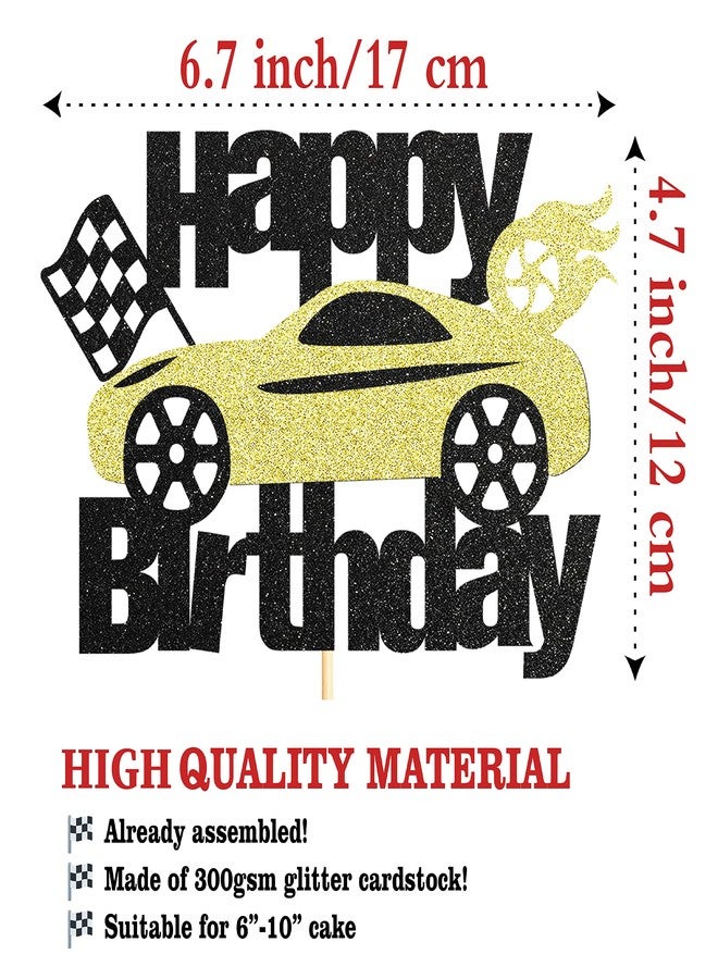 Sotpot 1PC Race Car Birthday Cake Topper Black Gold Glitter Flag Wheel Cake Pick for Racing Theme Baby Shower Boys Girls Birthday Party Cake Decorations - Image 3