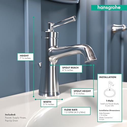 hansgrohe 4771000 Joleena 1.2 GPM Single-Hole Faucet with Pop-Up Drain, 7.75-Inches Tall, Chrome - Image 4