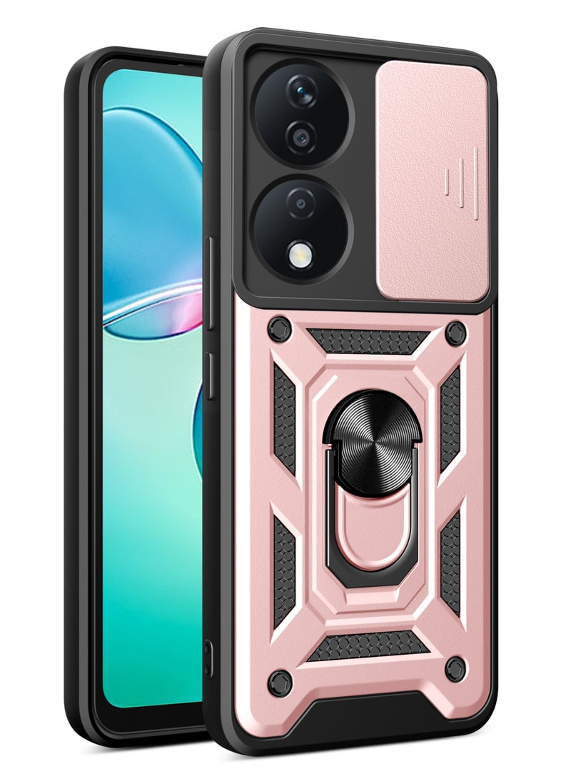 Shunjia Sliding Window Case, Shockproof Rugged Armor with Sliding Camera Cover & 360° Ring Kickstand, Compatible with Honor X7b (Rose Gold)
