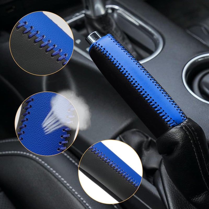 SUNBREATH Black Blue Leather Hand-Stitched Handbrake Protector Cover - Image 1