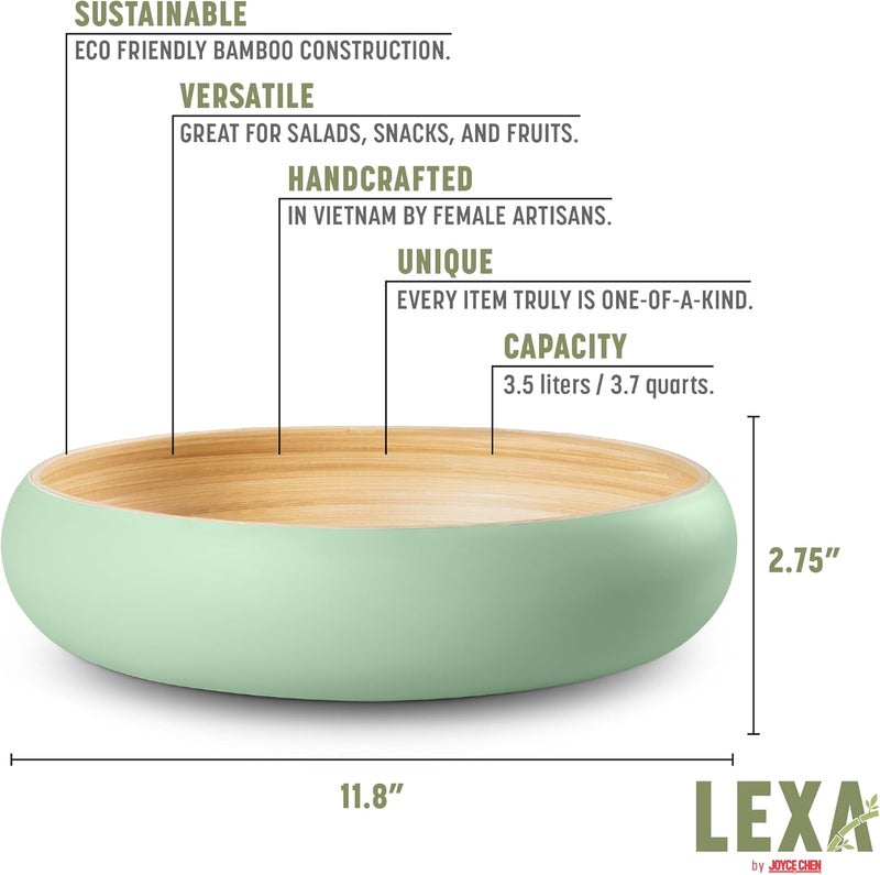 LEXA Bamboo Fruit Bowl for Kitchen Counter, 12 Inch Large & Round, Artisan Lacquered Wooden Fruit Bowl or Candy Bowl, Handcrafted Bamboo Fruit Basket for Kitchen & Home Decor (Sage Green) - Image 2