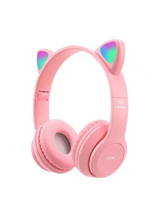 P47m Bluetooth Cartoon Cat Ear Luminous Headset Stereo Foldable Wireless Bluetooth Headset-Color:Pink  - Image 1
