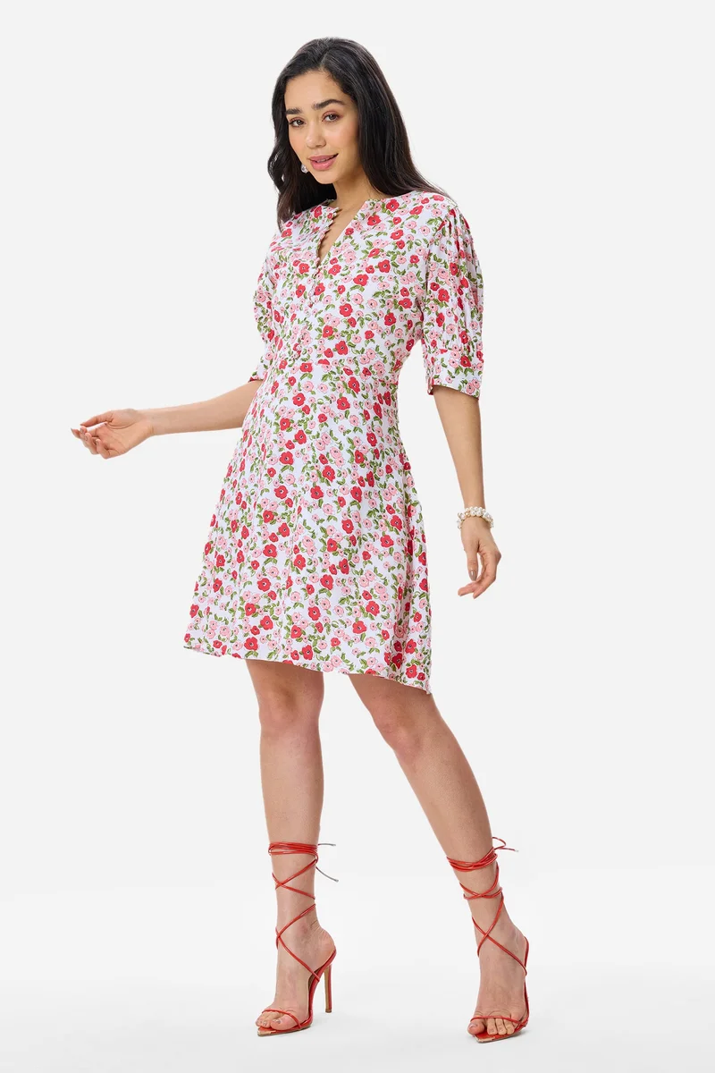 Virgio  Floral Viscose Puff Sleeve Mini Dress for Women for Women | Best Price UAE