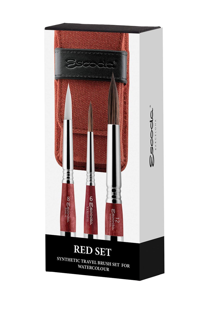 Escoda Escoda Artist Watercolor Travel Brush Set wCanvas Pouch 3 Short Handle Brushes Red 