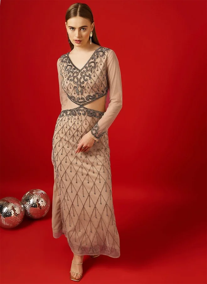 STREET 9 Beige Embellished Maxi Dress for Women