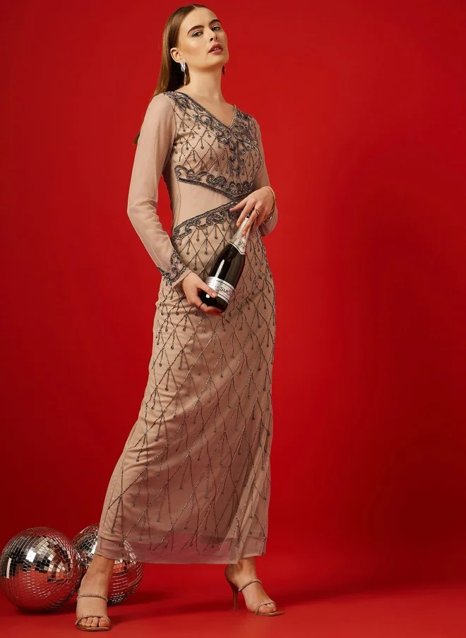 STREET 9 Beige Embellished Maxi Dress for Women