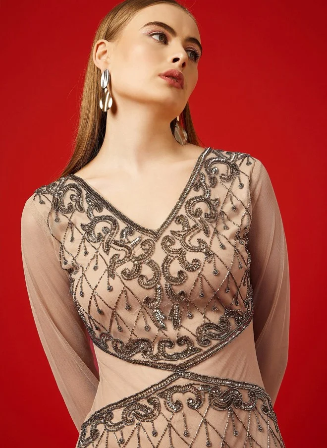 STREET 9 Beige Embellished Maxi Dress for Women