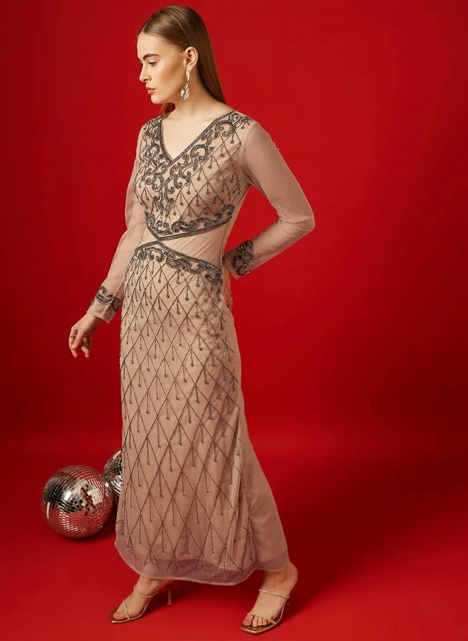 STREET 9 Beige Embellished Maxi Dress for Women