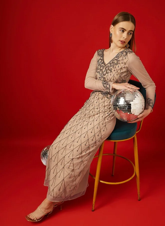 STREET 9 Beige Embellished Maxi Dress for Women